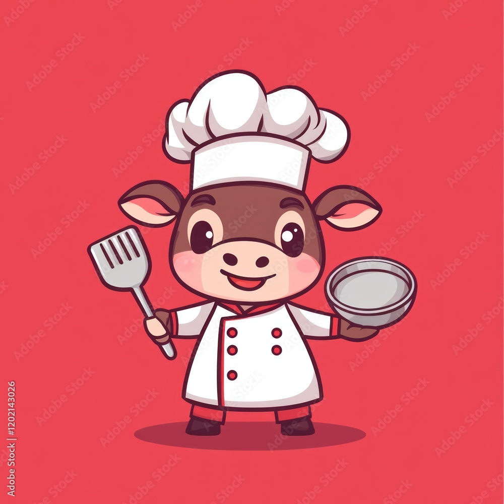 Cute cow chef cooking; red background, food preparation, kitchen illustration, for recipe books Cute cow chef cooking; red background, food preparation, kitchen illustration, for recipe books