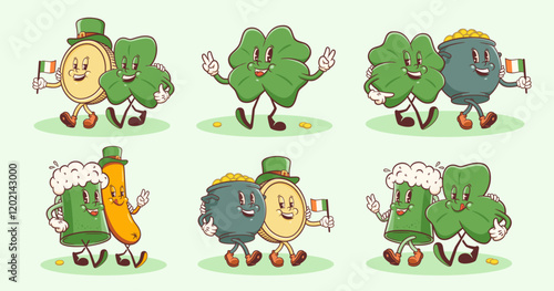 Groovy Saint Patrick Day Retro Characters Illustrations Set. Cartoon Green Ale Beer Tankard Glass, Shamrock, Cauldron Pot and gold Coins Walking Smiling Vector Irish Spring Holiday Mascot Templates