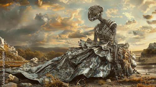 In a surrealist landscape, depict a bioinspired, robotic gown dominating the scene in an oil painting Captivate the viewer with detailed textures and intricate metallic shades, showcasing the fusion o photo