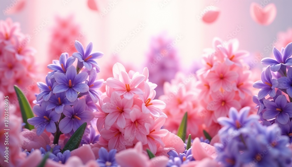 Fototapeta premium Vibrant blossom arrangement of pink and purple flowers with scattered petals and soft lighting 