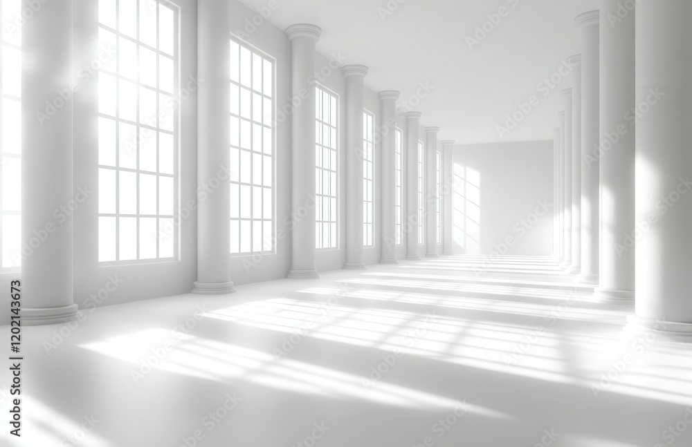 Obraz premium Bright and Spacious Minimalist Interior with Tall Windows and White Columns Creating a Serene and Open Atmosphere Ideal for Architectural and Interior Design Concepts
