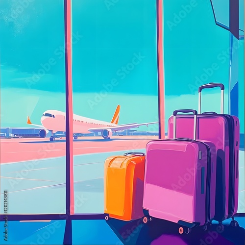 Bright and bold airport scene featuring a clear view of an airplane in the distance with minimal luggage in the foreground capturing the essence of modern air travel