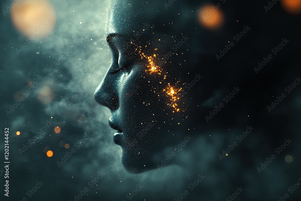 Ethereal portrait with glowing particles merging into serene fac Ethereal portrait with glowing particles merging into serene fac