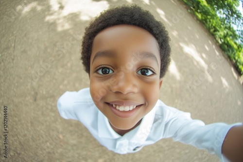 Portrait of young child with bright eyes smiling directly at the camera while standing outside on a sunny day