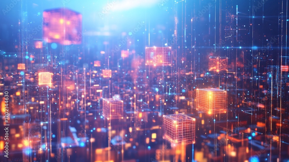 Abstract digital landscape with glowing cubes and connecting lines, simulating a futuristic network Abstract digital landscape with glowing cubes and connecting lines, simulating a futuristic network