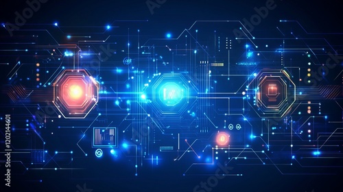Abstract Technology Background with Glowing Hexagons and Circuitry
