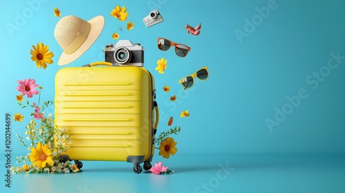 Bright yellow suitcase with summer travel essentials such as sun hat sunglasses and floating around it against a tranquil blue background conveying the excitement and freedom of vacation and