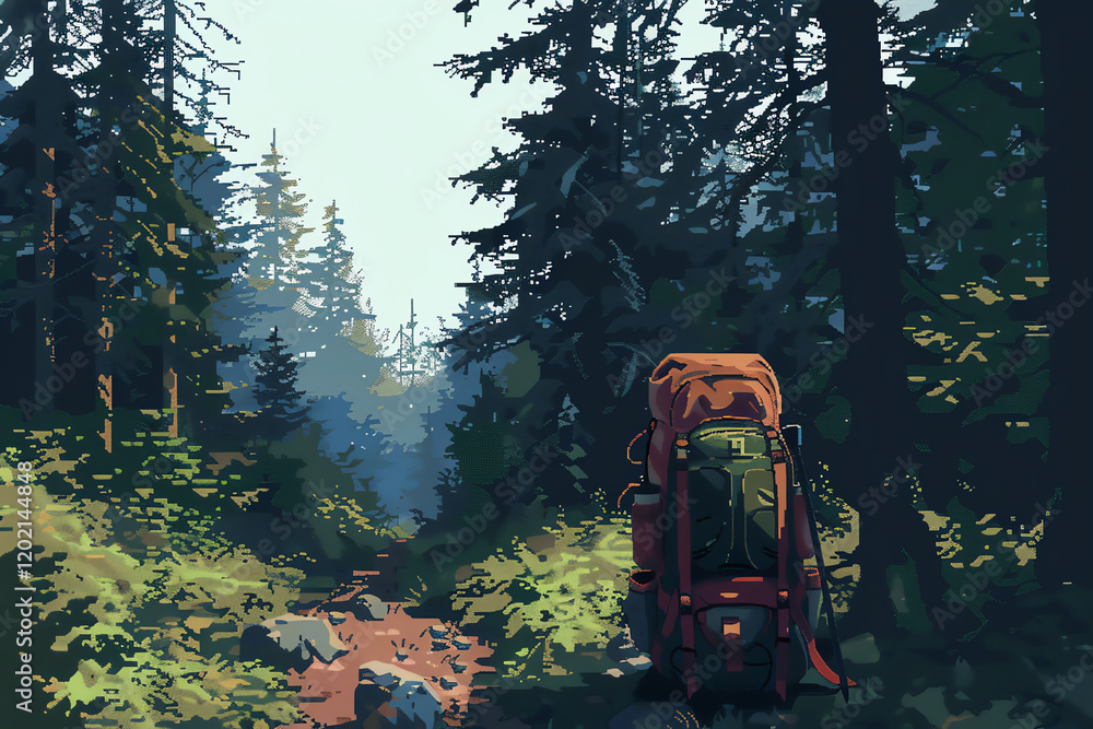 Picture a wilderness camping scene through a pixel art lens Utilize unexpected camera angles to showcase a backpack, trail, and towering trees in a unique digital rendering technique Picture a wilderness camping scene through a pixel art lens Utilize unexpected camera angles to showcase a backpack, trail, and towering trees in a unique digital rendering technique