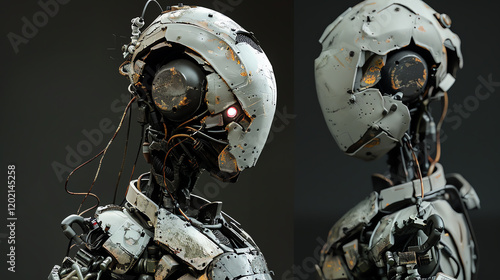 Produce a detailed clay sculpture of a Scifi robot fusion, featuring sleek metallic textures, glowing neon accents, and dystopian elements like rusted parts and broken screens photo