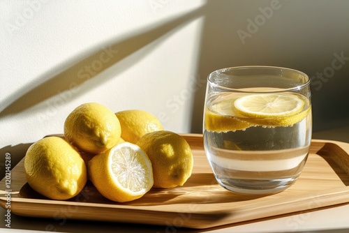 Bright lemons arranged beside refreshing glass of lemon water, e