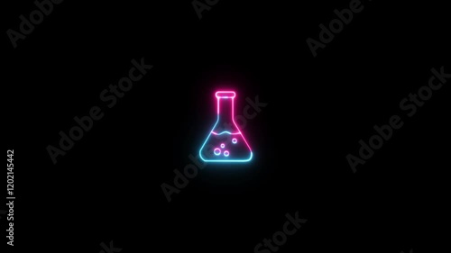 Neon glowing beaker or test tube animation background. Laboratory glassware sign. 4K Video motion graphic animation.