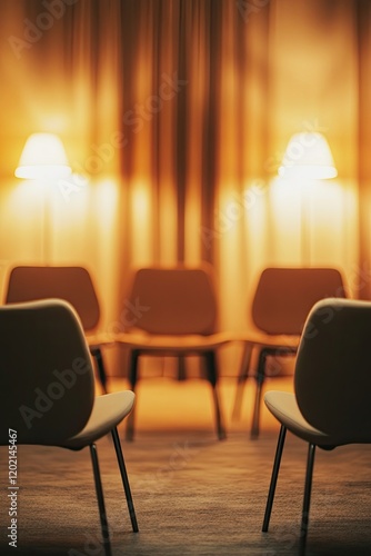 Warmly lit room with elegant chairs arranged for gathering, invi photo