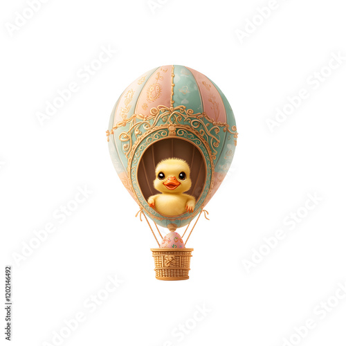 Illustration of a little baby duckling sitting inside of a colorful pastel color hot air balloon, PNG format with a transparent background 