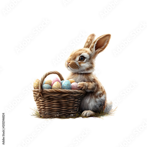 A white and brown bunny next to a basket full of colorful easter eggs, PNG format with a transparent background

