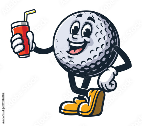 Golf Ball with Soft drink,   Cartoon Character Mascot Illustration Vector Clip-art Hand-drawn Logo Design