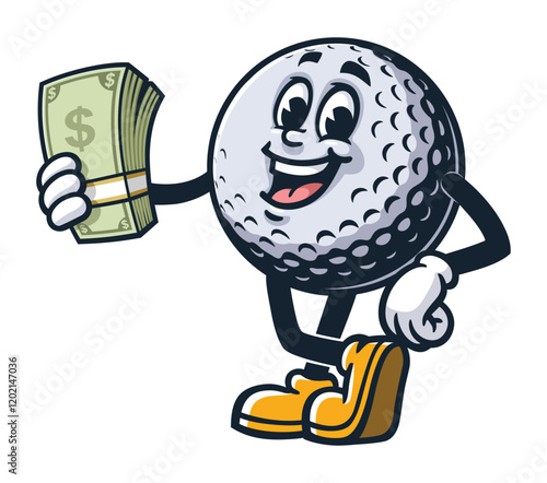 Golf Ball holding cash,   Cartoon Character Mascot Illustration Vector Clip-art Hand-drawn Logo Design