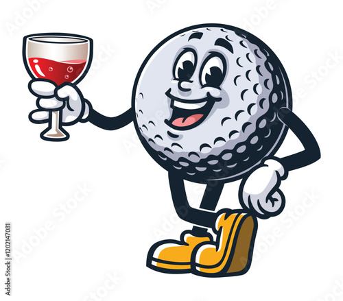 Golf Ball with a glass of drink,   Cartoon Character Mascot Illustration Vector Clip-art Hand-drawn Logo Design