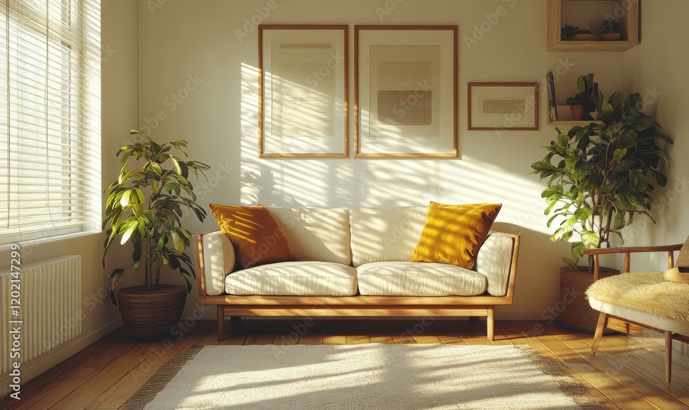 Fototapeta premium Cozy and Inviting Living Room with Natural Light, Stylish Couch, Potted Plants, and Minimalist Art Decor, Perfect for Modern Interior Design Aesthetics