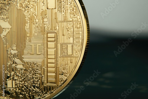 Shiny gold coin features intricate designs showcasing futuristic photo