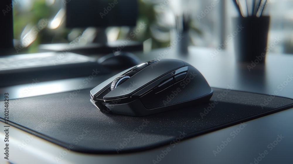black gaming mouse resting on a dark desk mat. The scene is professional and modern black gaming mouse resting on a dark desk mat. The scene is professional and modern