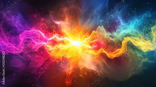 A vibrant abstract cosmic nebula with bright starbursts in pink, yellow and blue colors