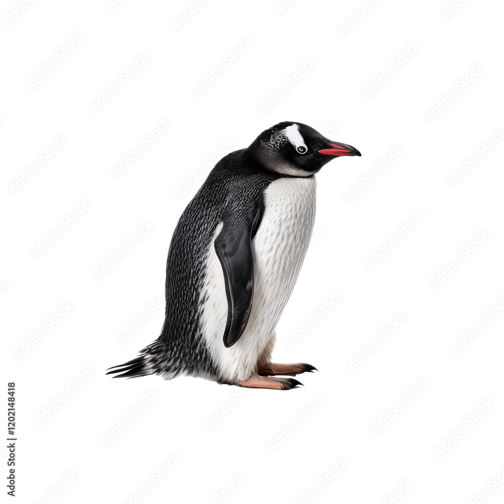 Obraz premium Chinstrap Penguin Portrait: A detailed profile shot of a chinstrap penguin, showcasing its distinctive black band under its chin and sleek black and white plumage. The penguin stands upright.