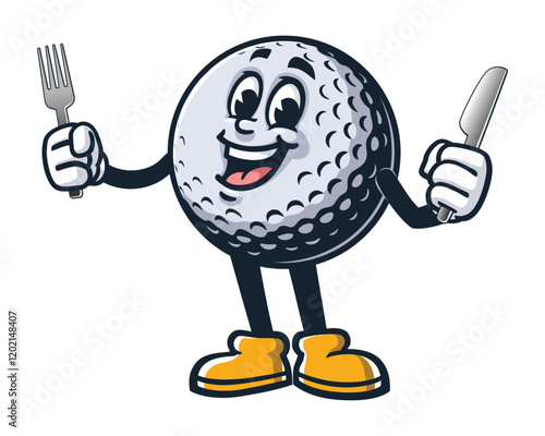 Golf Ball with fork and knife,  Cartoon Character Mascot Illustration Vector Clip-art Hand-drawn Logo Design