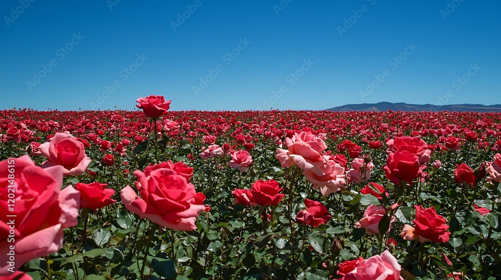 Fototapeta premium A field of roses in full bloom, the petals creating a sea of red and pink under a clear blue sky