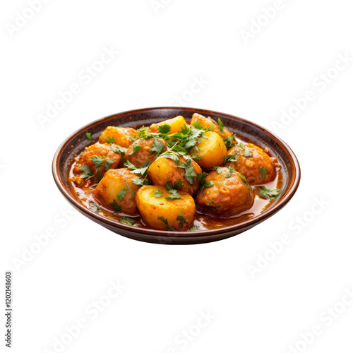 Potato Curry: A mouthwatering serving of potato curry with vibrant red sauce and a sprinkling of fresh parsley. The warm and aromatic flavors of the dish are ready to tantalize your taste buds. photo