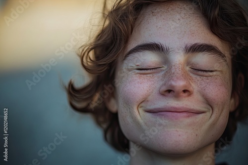 Smiling person with closed eyes radiates joy, capturing serene m photo