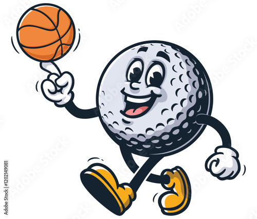 Golf Ball playing basketball,       Cartoon Character Mascot Illustration Vector Clip-art Hand-drawn Logo Design