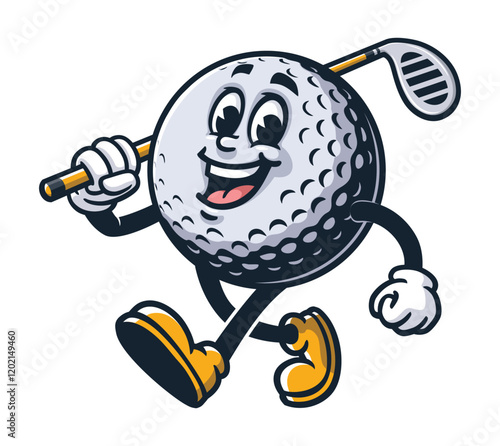 Golf Ball carrying a golf club,         Cartoon Character Mascot Illustration Vector Clip-art Hand-drawn Logo Design