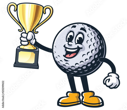Golf Ball holding a trophy,           Cartoon Character Mascot Illustration Vector Clip-art Hand-drawn Logo Design
