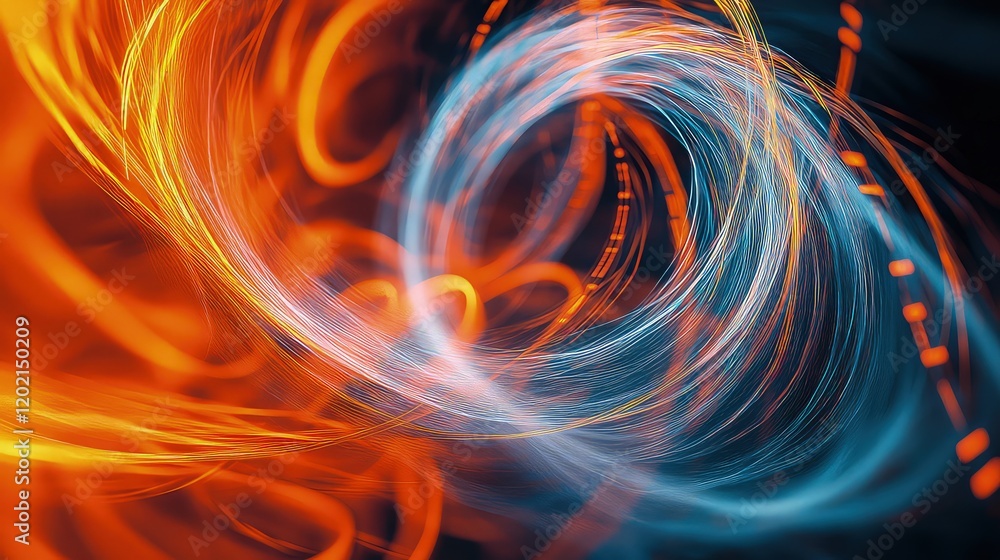 An abstract interface with vivid orange and blue energy lines spiraling across the frame, symbolizing rapid data flow. An abstract interface with vivid orange and blue energy lines spiraling across the frame, symbolizing rapid data flow.