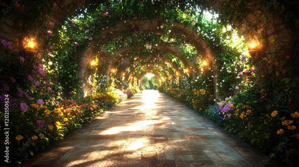 Obraz premium Sunlit Rose Archway Garden Path; Peaceful Romance. Ideal for wedding invitations