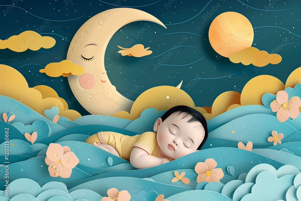 A baby sleeping on a cloud with a moon in the sky A baby sleeping on a cloud with a moon in the sky