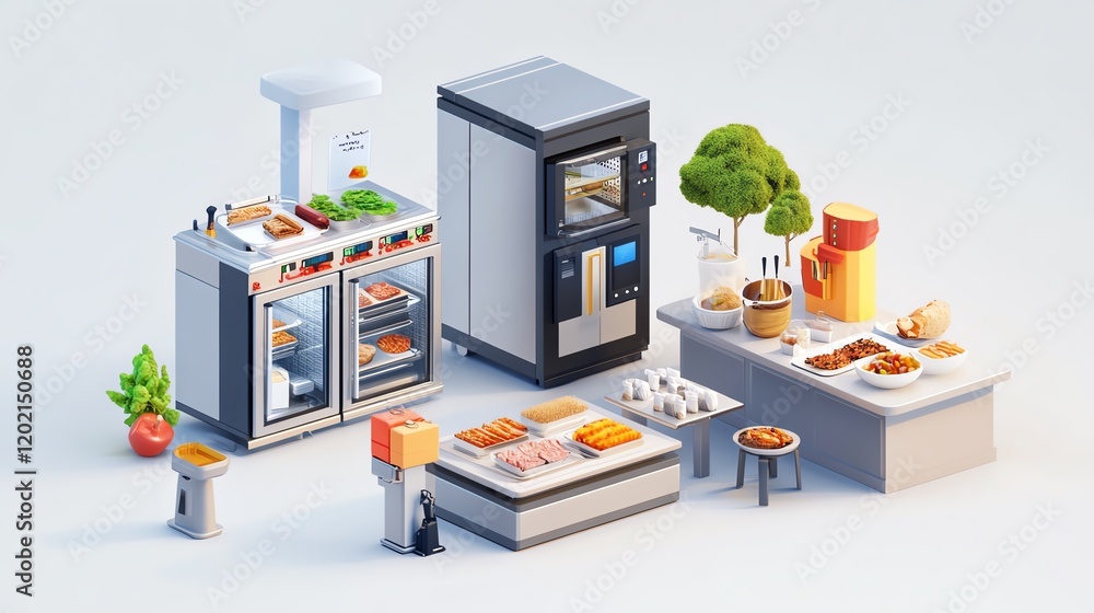 Obraz premium Food safety control, automated systems ensuring hygiene in food preparation, 3D illustration