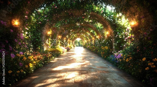 Sunlit Rose Archway Garden Path;  Peaceful Romance. Ideal for wedding invitations