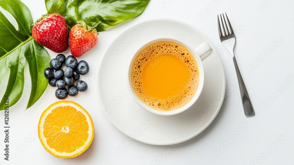 Fresh Fruit and Tea Composition on White Background with Strawberries, Blueberries and Orange Slice Fresh Fruit and Tea Composition on White Background with Strawberries, Blueberries and Orange Slice