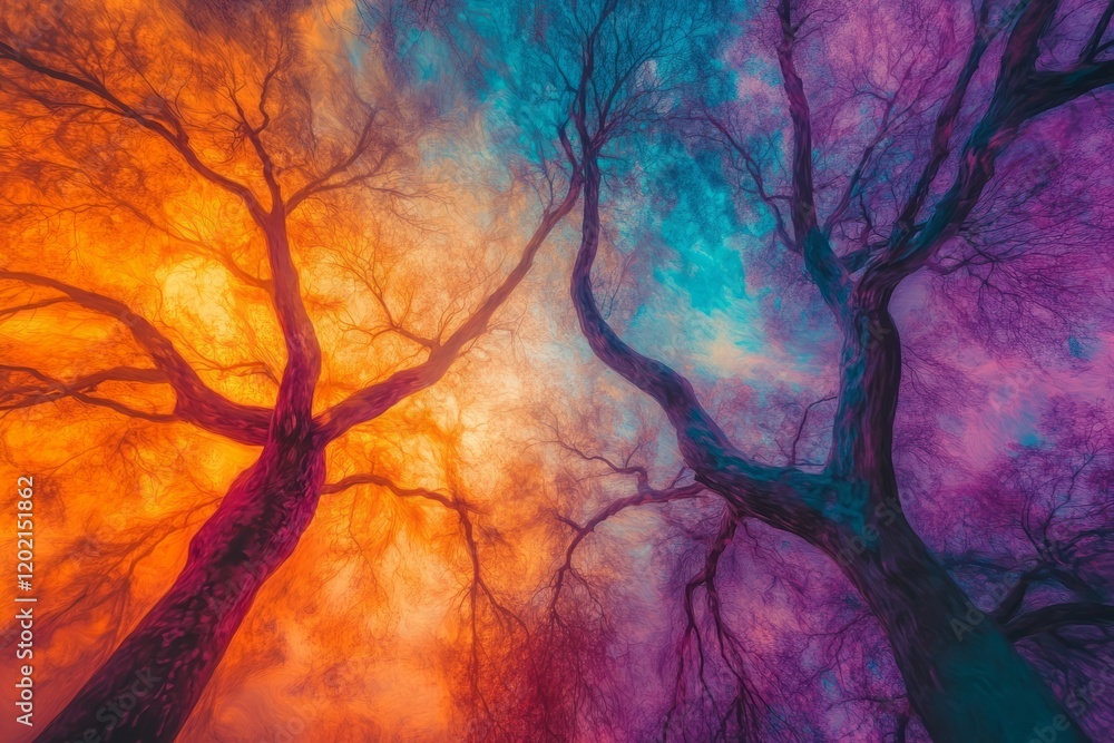 Two Trees Embrace Colorful Sky Hues Two Trees Embrace Colorful Sky Hues