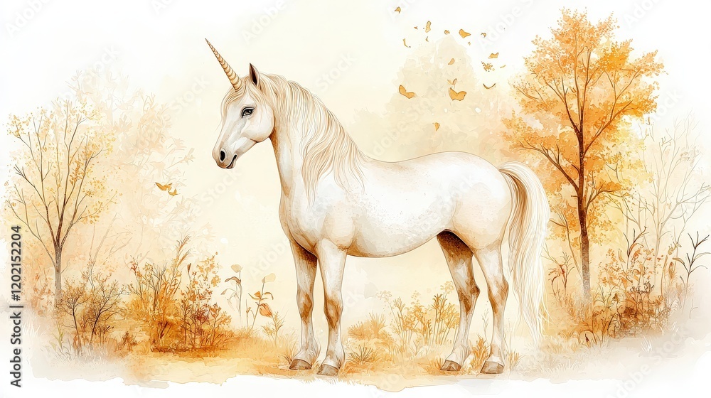Majestic White Unicorn Standing Gracefully in a Dreamy Autumn Landscape with Golden Foliage and Gentle Butterflies Majestic White Unicorn Standing Gracefully in a Dreamy Autumn Landscape with Golden Foliage and Gentle Butterflies