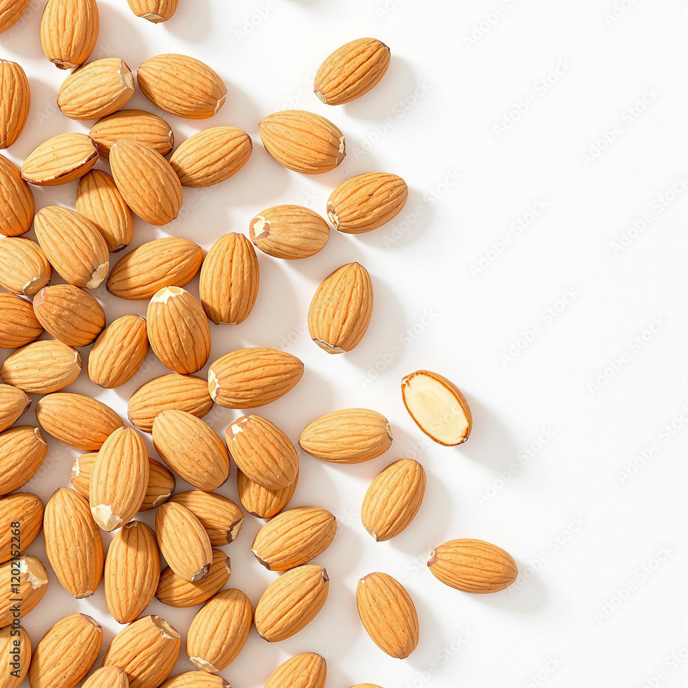 Handful of almonds on white background, healthy snack concept Handful of almonds on white background, healthy snack concept