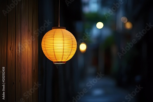 Warm glow of lantern illuminates narrow alley, creating tranquil