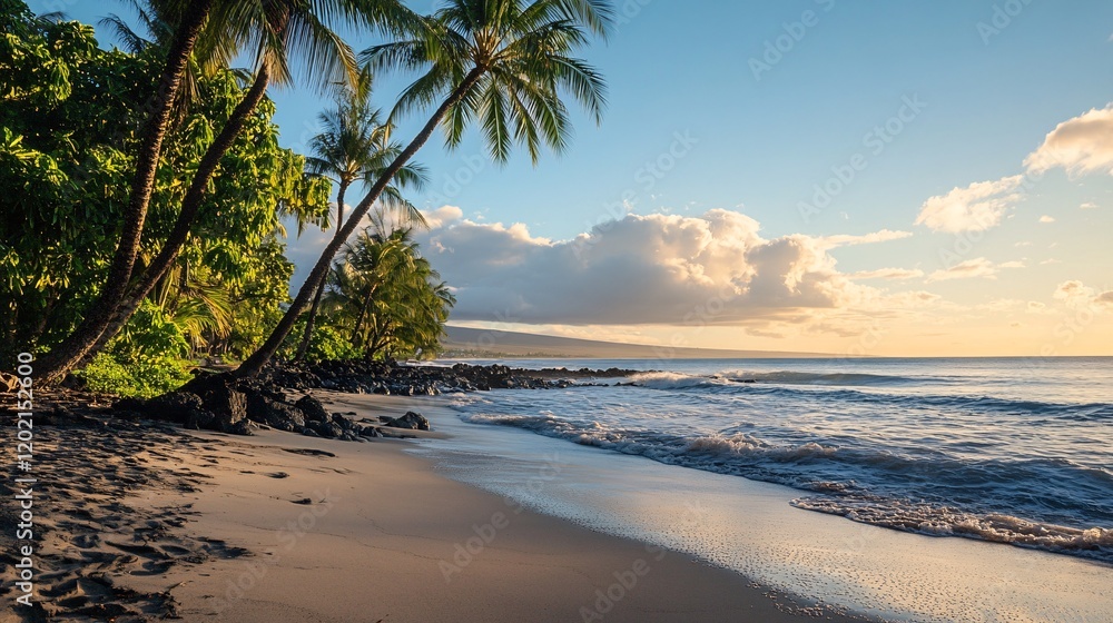 Tropical beach with palm trees at sunset illuminating golden sand and ocean waves Tropical beach with palm trees at sunset illuminating golden sand and ocean waves