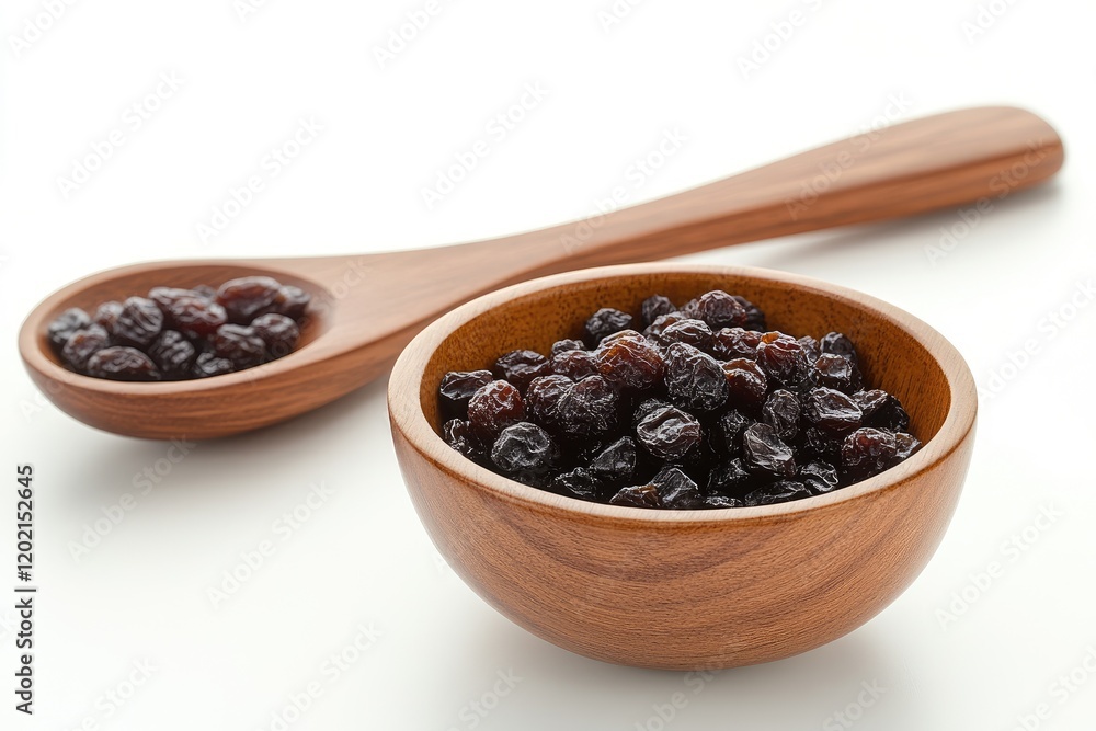 Dried Raisins in Wooden Bowls on White Background with Wooden Spoon Dried Raisins in Wooden Bowls on White Background with Wooden Spoon