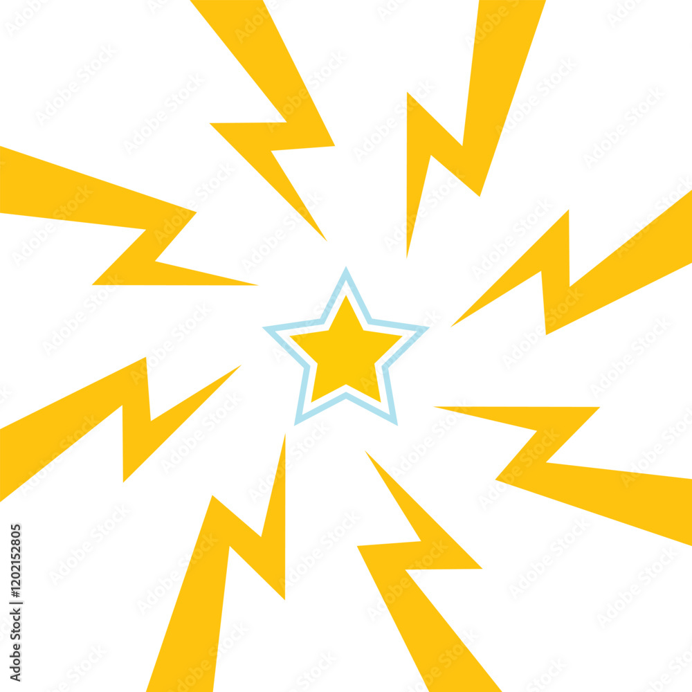 Color Thunderand and star in center background. Confrontation image illustration of thunder bolt. Flat illustration simple Vector. Template for comic. Style competition design template without text.