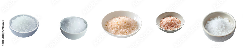 Different varieties of salt displayed in bowls on a neutral background showcasing their distinct textures and colors Different varieties of salt displayed in bowls on a neutral background showcasing their distinct textures and colors
