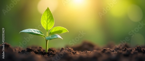 Fresh Green Plant Emerging from Soil in Sunlight
