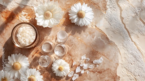 Epsom salt, gua sha stones, and white daisies creating a relaxing spa scene photo