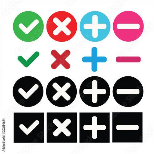 set of icons, yes or no Buttons yes or no icons, Vector Art  Symbols, illustration signs symbols, Tick OR Cross signs Plus Minus symbols Red Green Mark